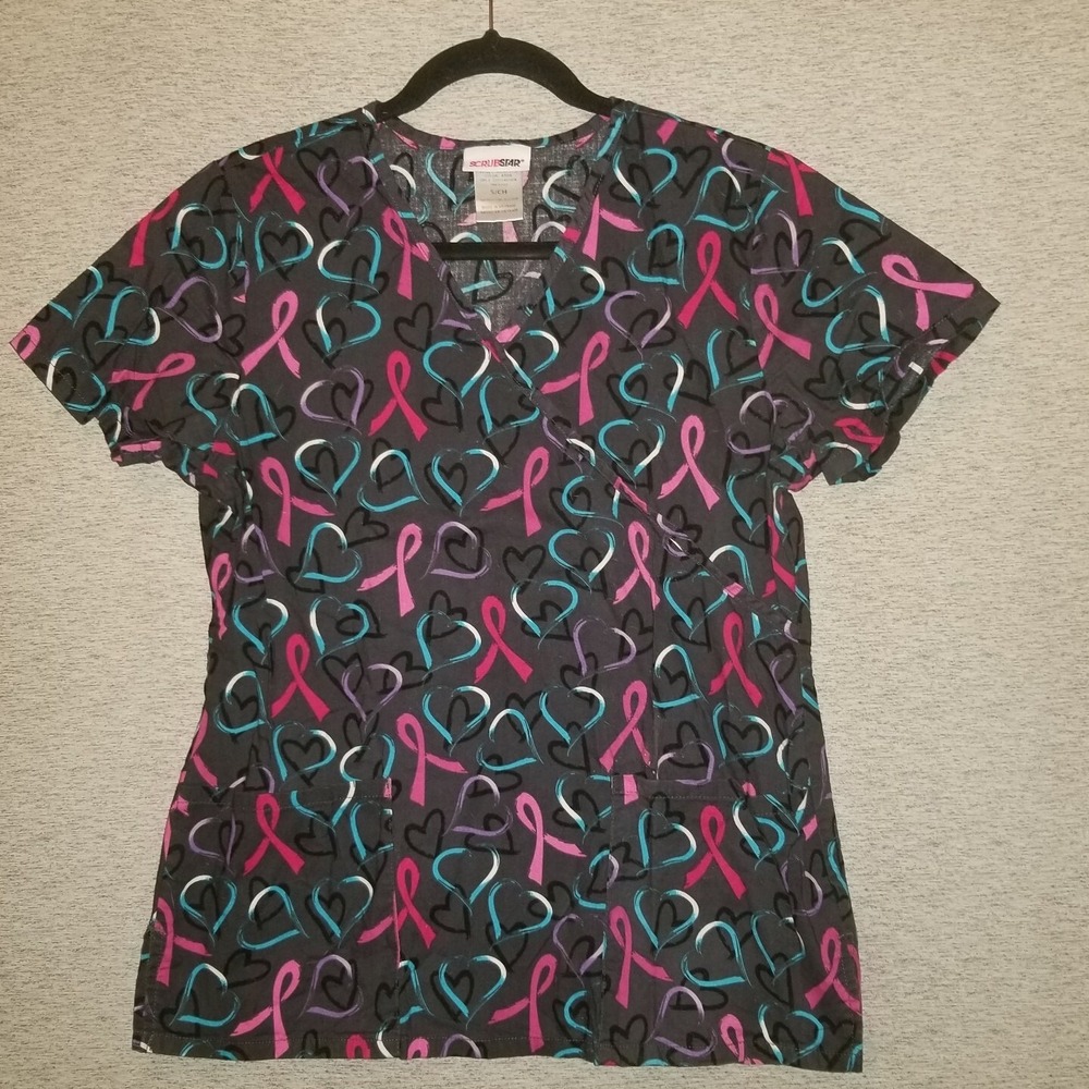 Scrubstar Small Pink Ribbon Hearts Pattern Womens Black Scrub Top 2 Pocket